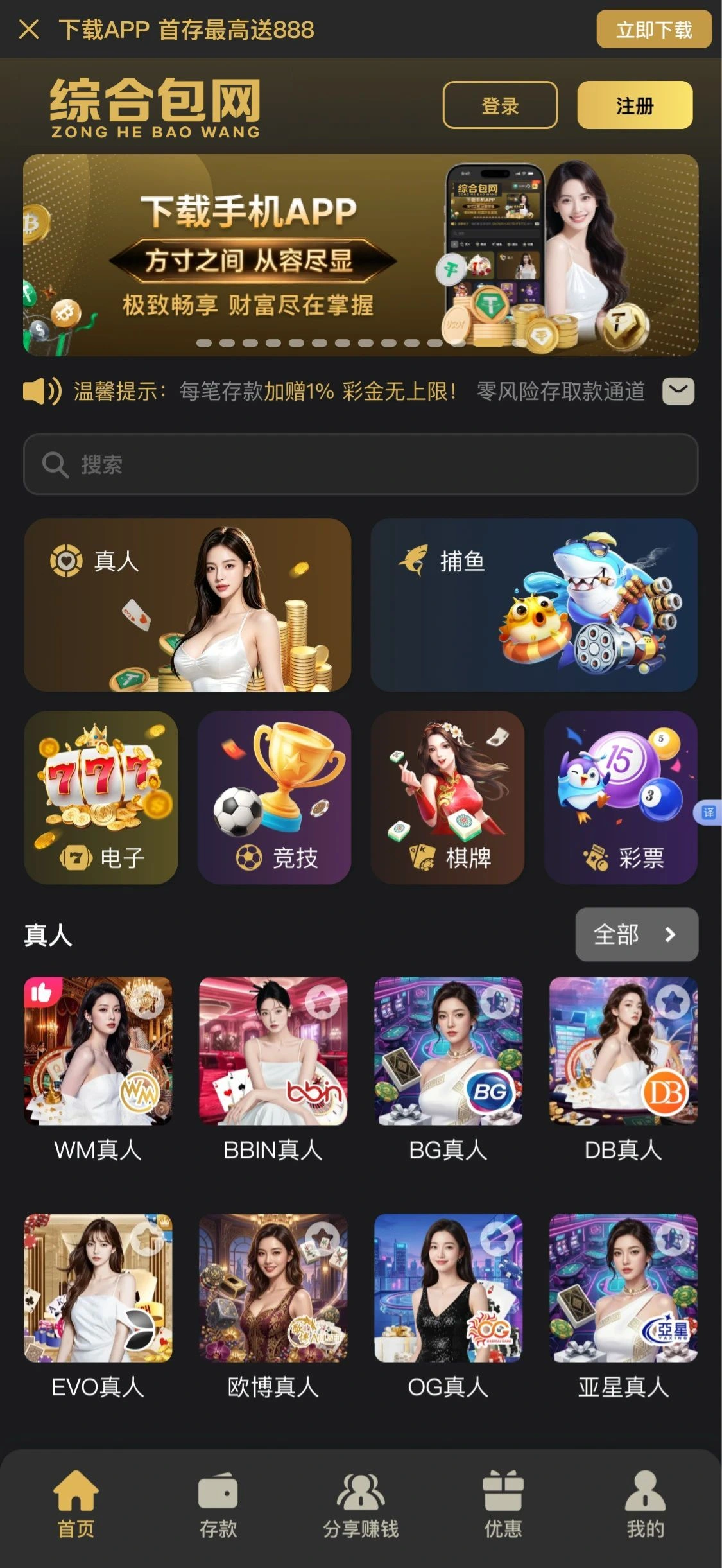 综合包网演示站一黑曜金皮肤主页效果图